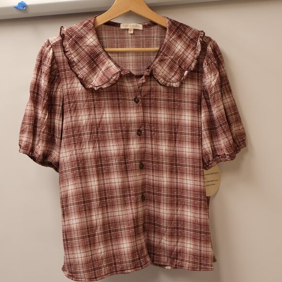 Eden & Olivia Ivory/Berry Plaid Button-Up Blouse With Ruffle Collar - Size L - Picture 6 of 14
